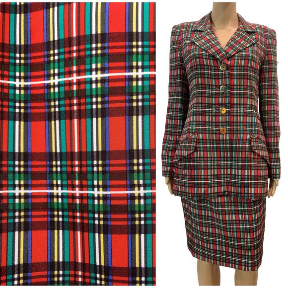 Vintage 90s David Hayes Red Plaid Silk Skirt Suit | Designer Luxury | Small - Picture 1 of 12